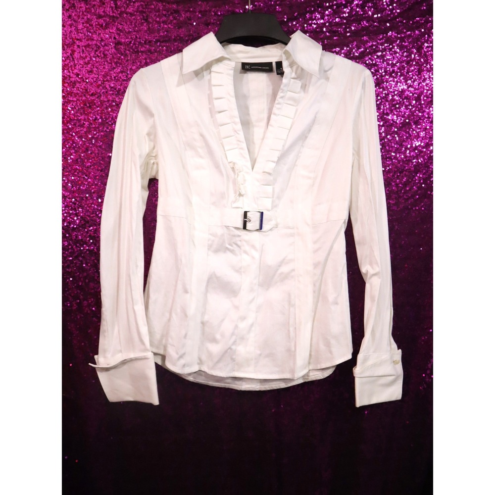 White Ruffle Blouse 8 INC International Concepts Womens Buckle Waist Long Sleeve